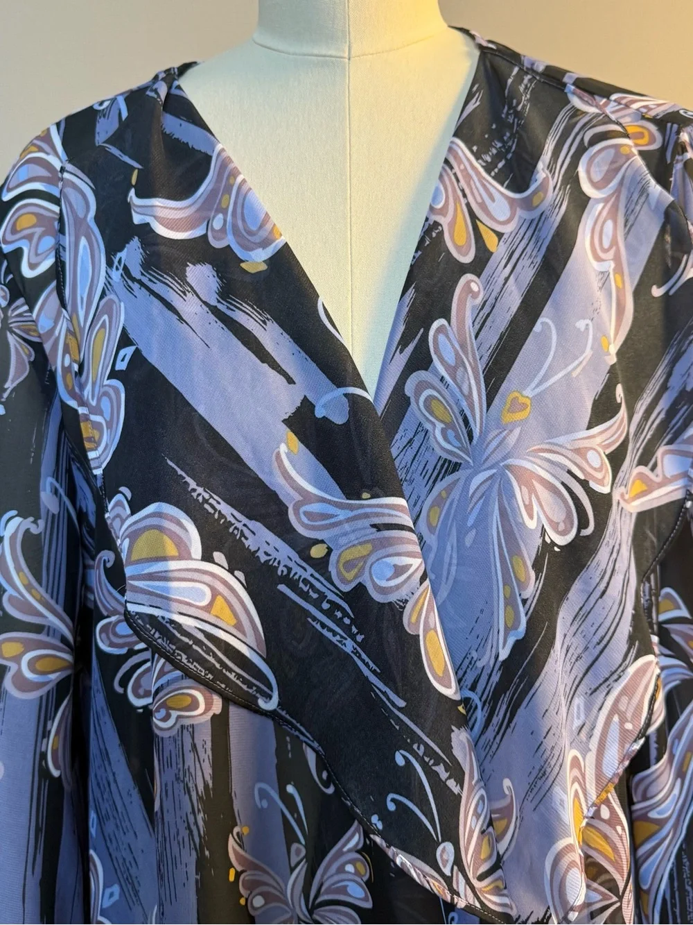 Bob Mackie Black Lavender Floral Print Sheer Blazer, 1X